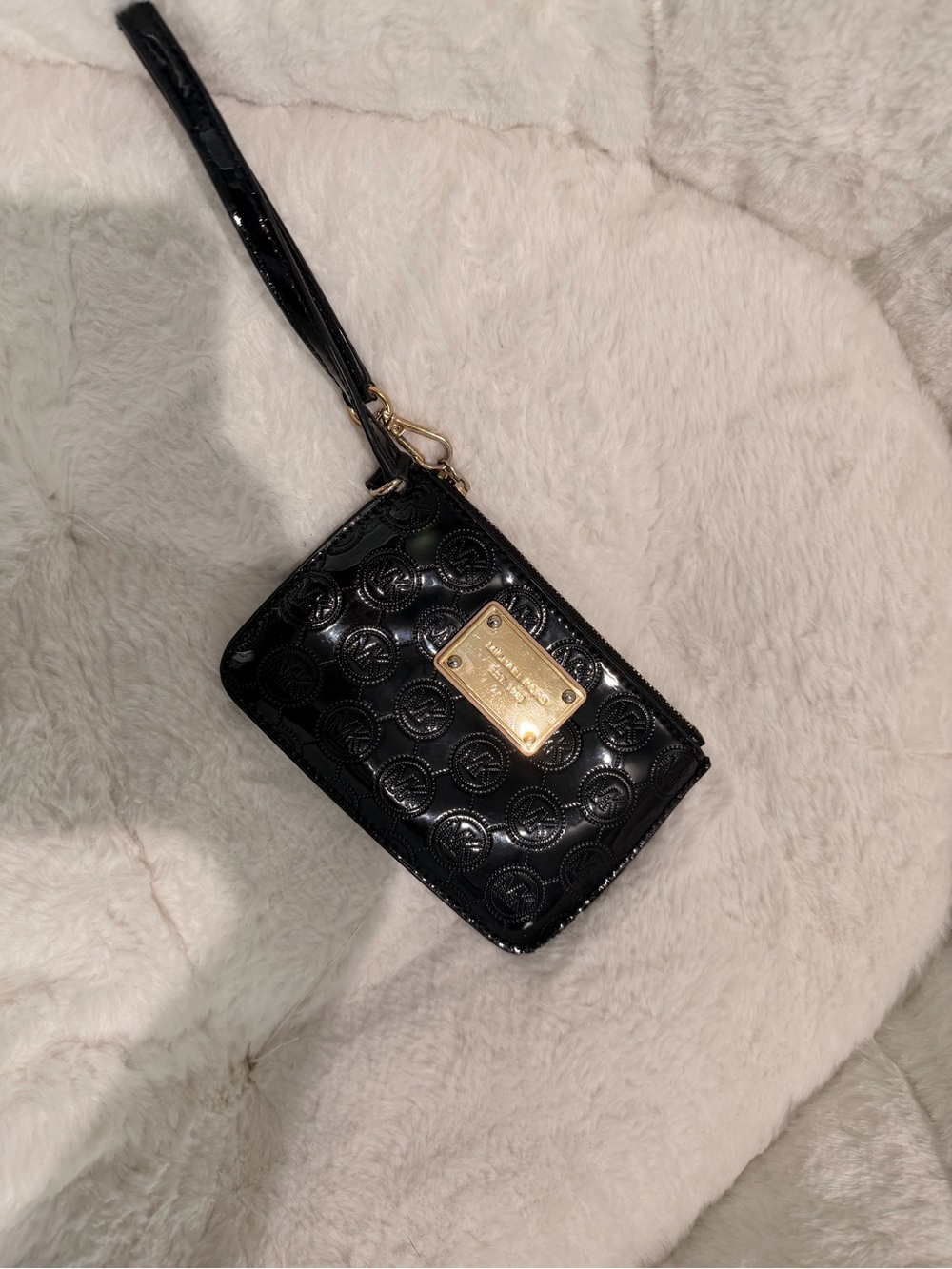 Michael Kors Black Patent Wristlet with Gold Plaque